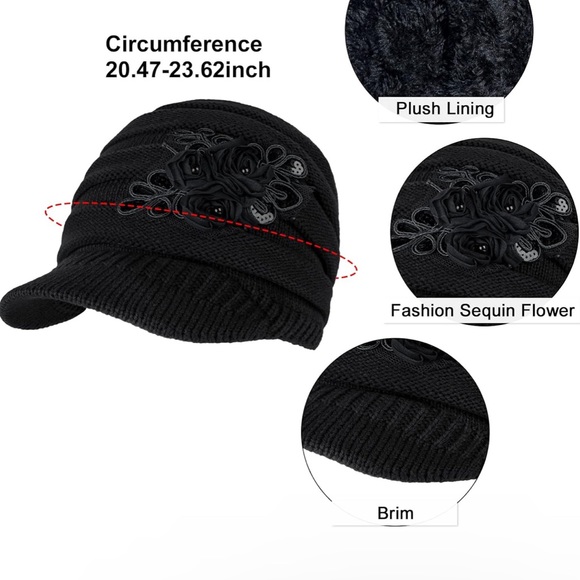 Womens Winter Hats with Visor Winter Gloves Sequined Flower Touchscreen Gloves - Picture 4 of 5